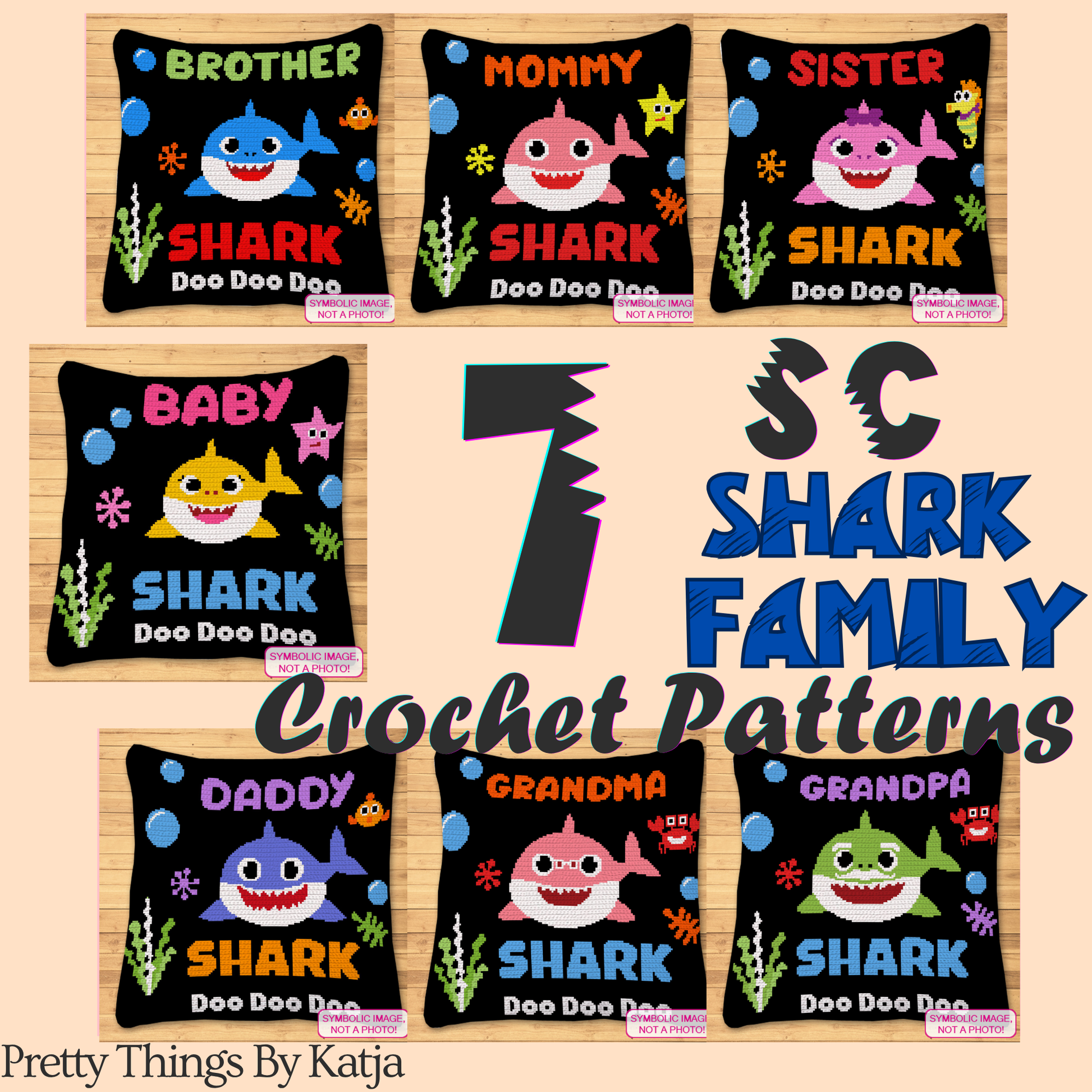Bundle of seven 150 x 150 stitch Shark Family single crochet blanket and pillow patterns with written instructions featuring Baby, Sister, Brother, Mommy, Daddy, Grandma, and Grandpa Sharks.