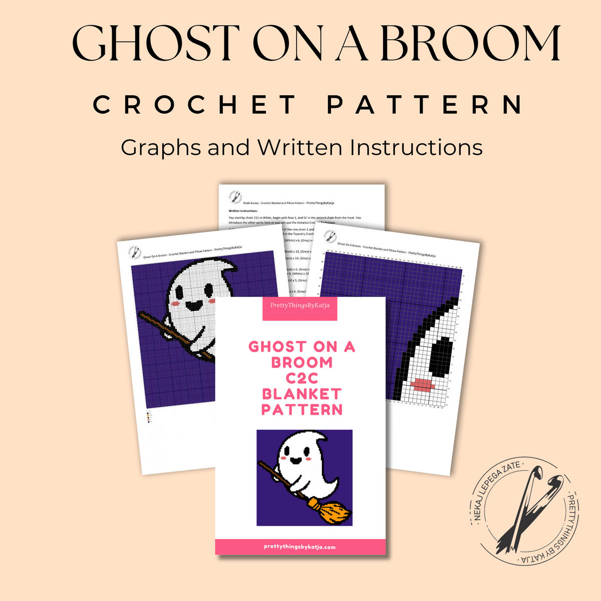 Ghost On A Broom Halloween C2C crochet blanket pattern room mockup