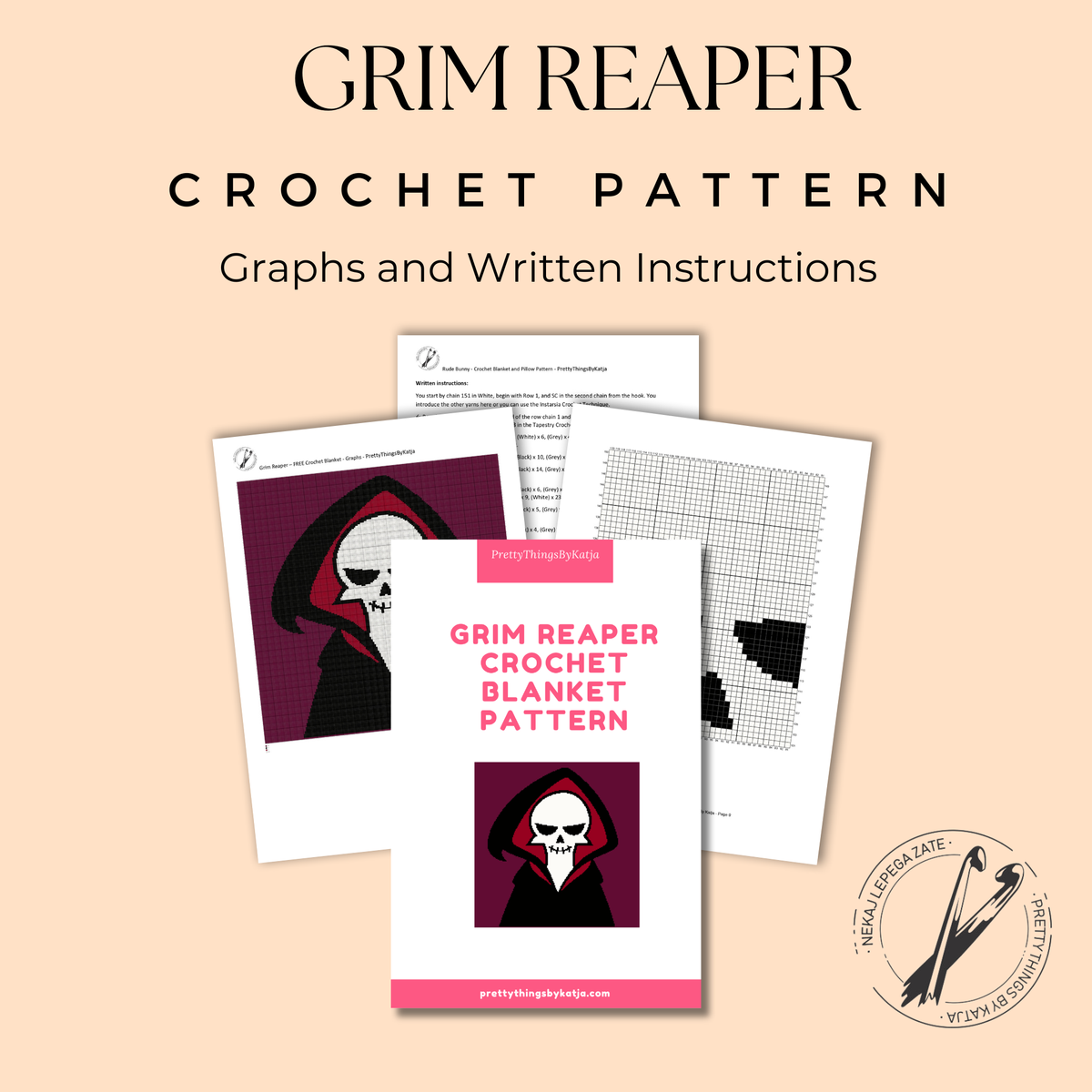 Grim Reaper crochet graph pattern for gothic blankets, spooky wall hangings, horror decor, and Halloween gifts.
Free single crochet Halloween graphghan pattern with hooded skeleton design and instant-download PDF instructions.