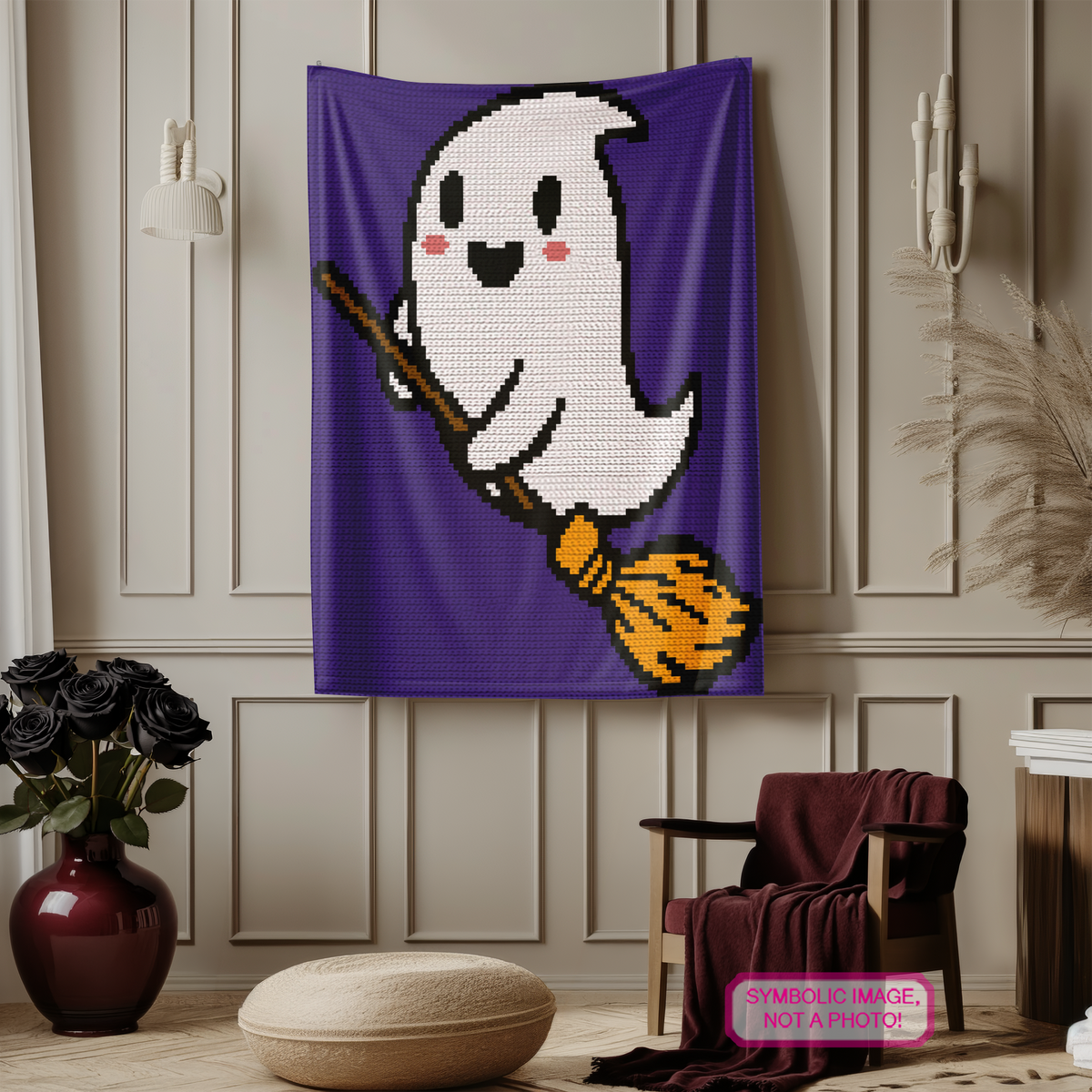 Ghost On A Broom SC Crochet Blanket & Pillow Pattern, Halloween Graphgan PDF