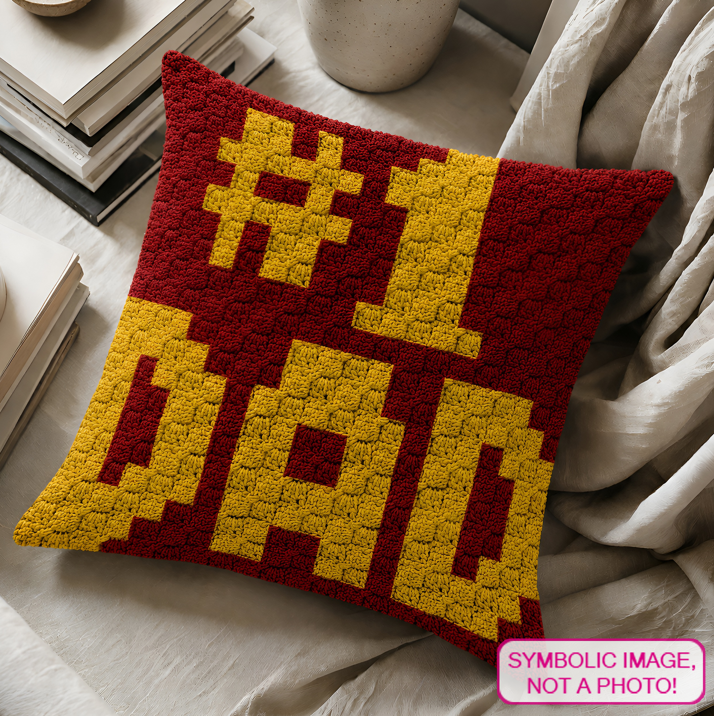 C2C crochet pillow pattern with written instructions featuring a #1 Dad graphgan design for a handmade Father’s Day gift.