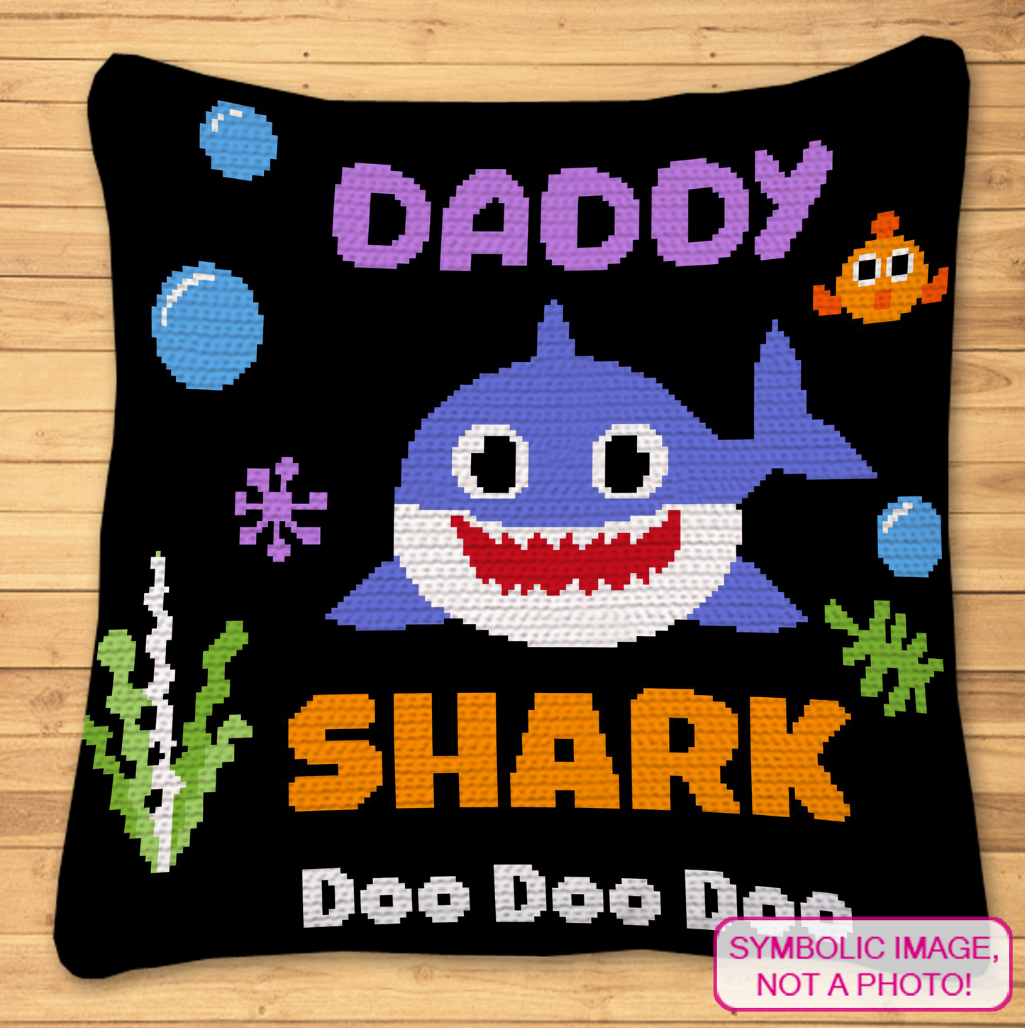 Seven colorful shark graphgan patterns with row-by-row instructions for rectangular crochet blankets and pillows.