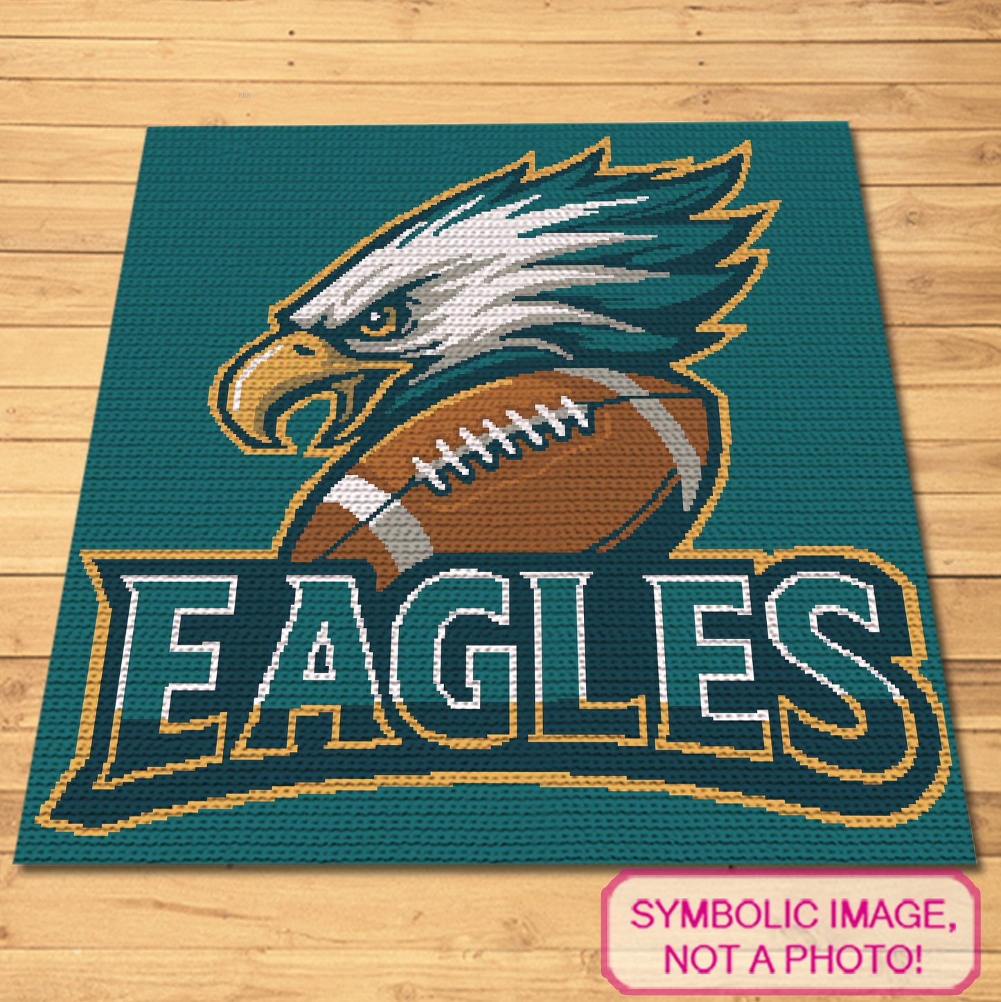 Eagles SC crochet blanket pattern with written instructions featuring an eagle head, football, and bold EAGLES lettering.