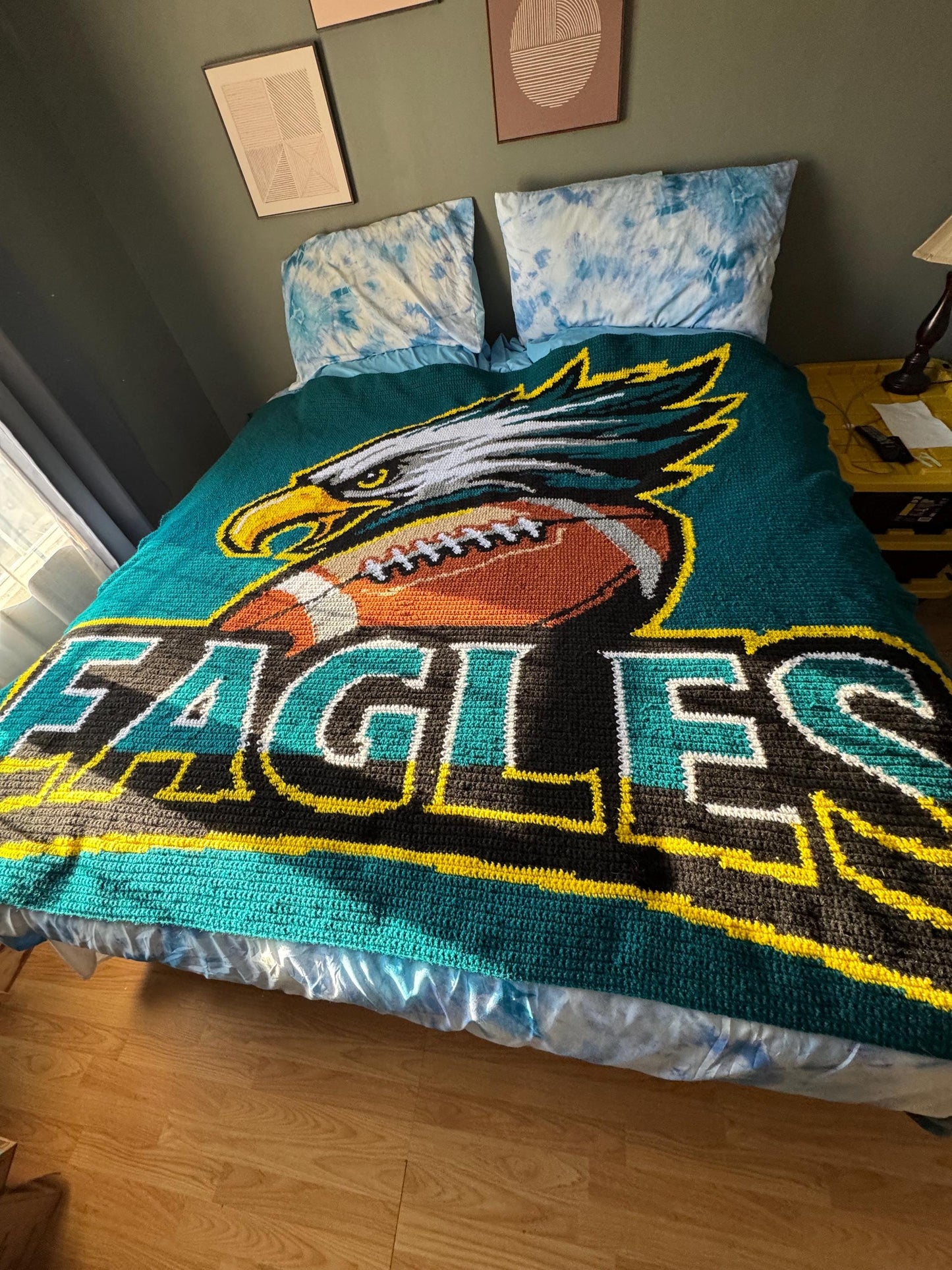 Philadelphia football-inspired tapestry crochet graphgan pattern with 250 x 250 stitch color chart and written instructions.