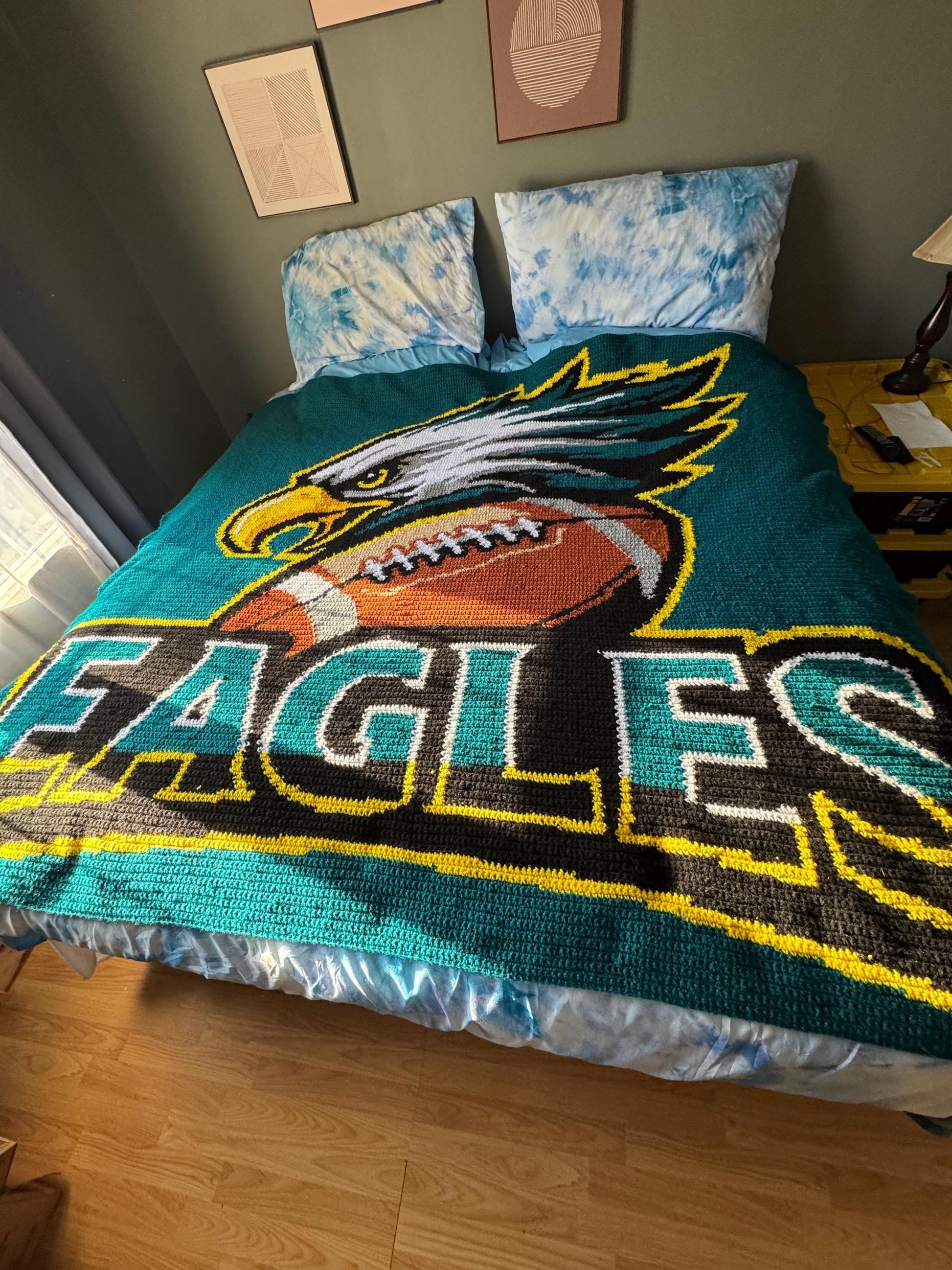 Philadelphia football-inspired tapestry crochet graphgan pattern with 250 x 250 stitch color chart and written instructions.