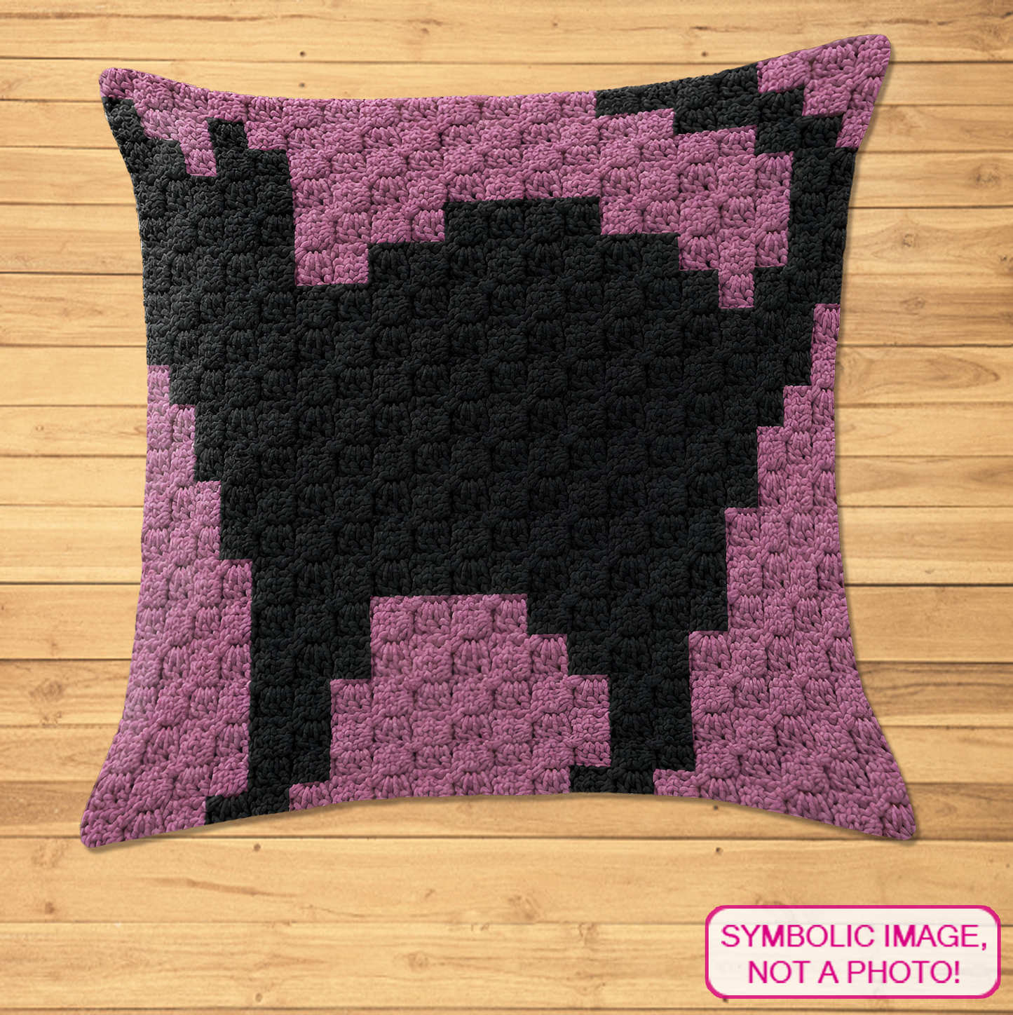 Crochet black cat C2C pillow pattern with written row-by-row instructions and color chart.