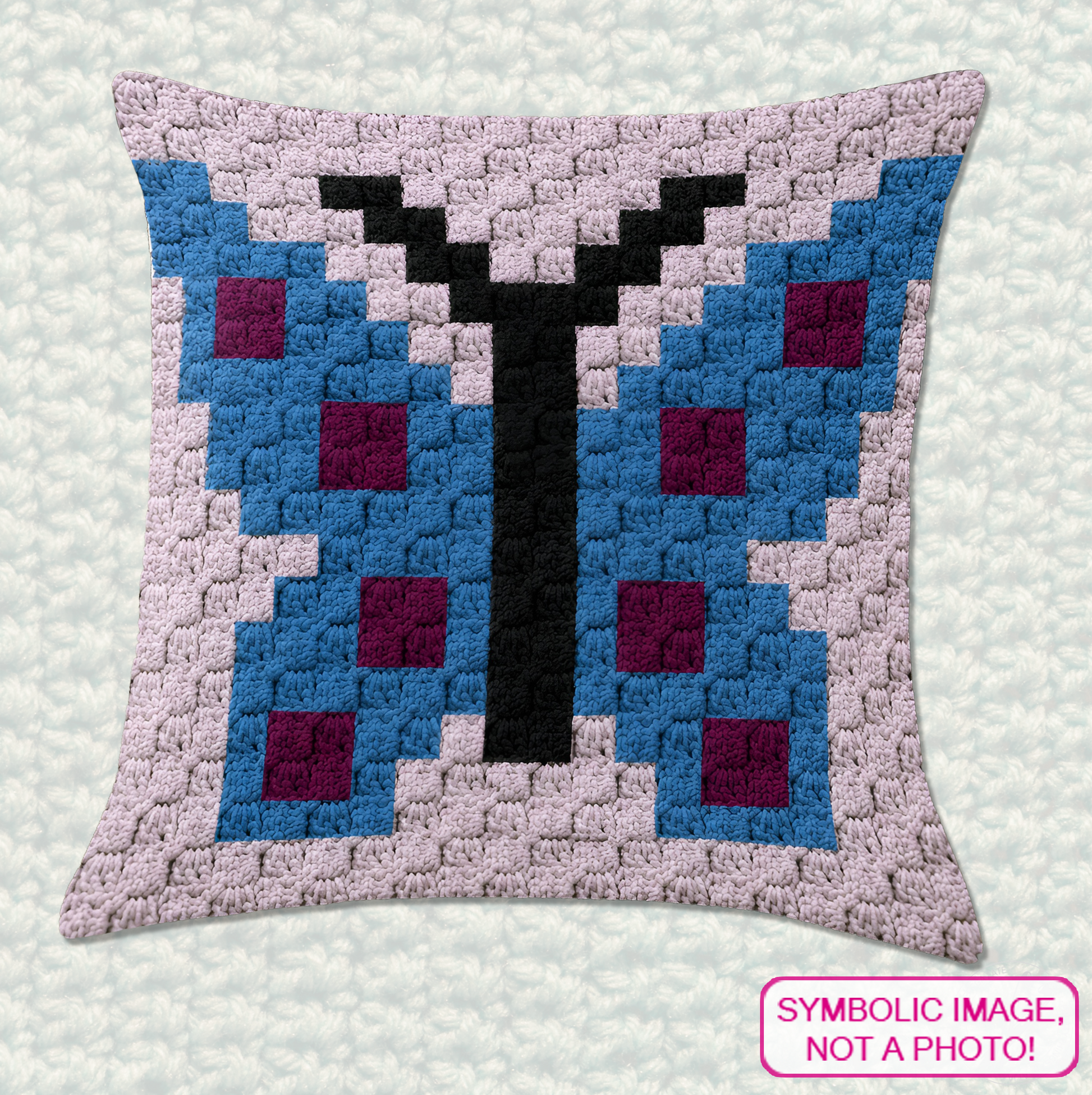 C2C crochet pillow pattern with written instructions featuring a colorful butterfly graph design for a quick handmade gift.