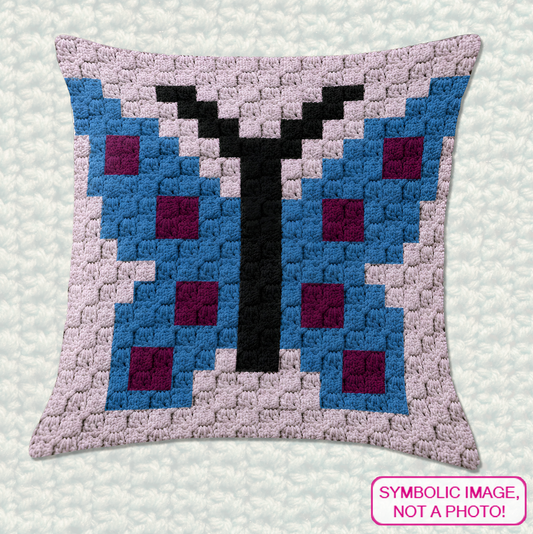 C2C crochet pillow pattern with written instructions featuring a colorful butterfly graph design for a quick handmade gift.