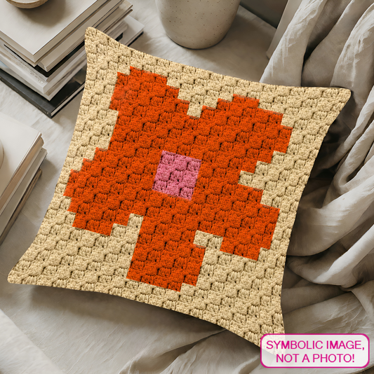 C2C crochet pillow pattern with written instructions featuring a white daisy flower graph design for a quick handmade gift.