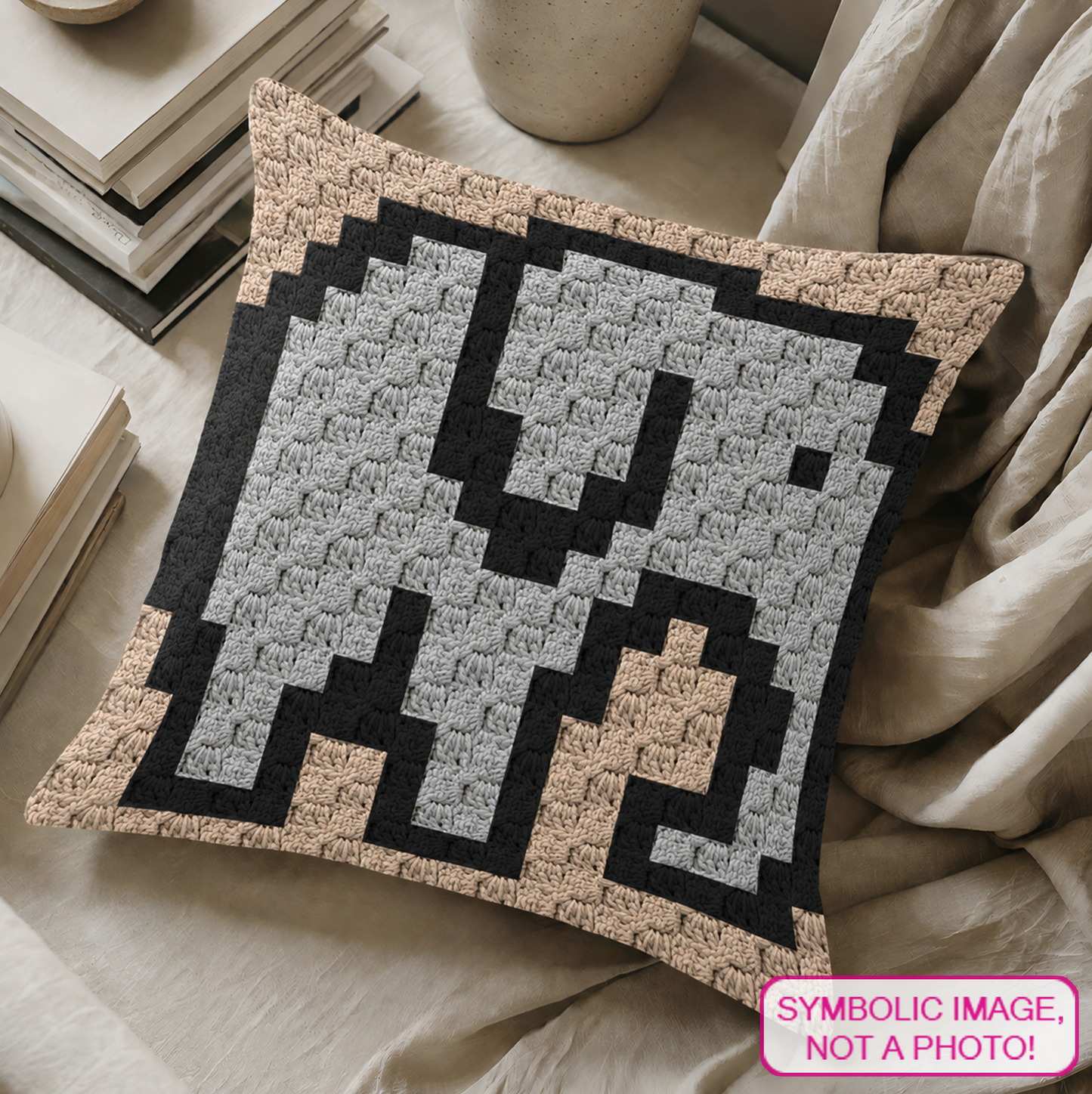 C2C crochet pillow pattern with written instructions featuring a gray elephant graph design for safari nursery decor and handmade baby gifts.
