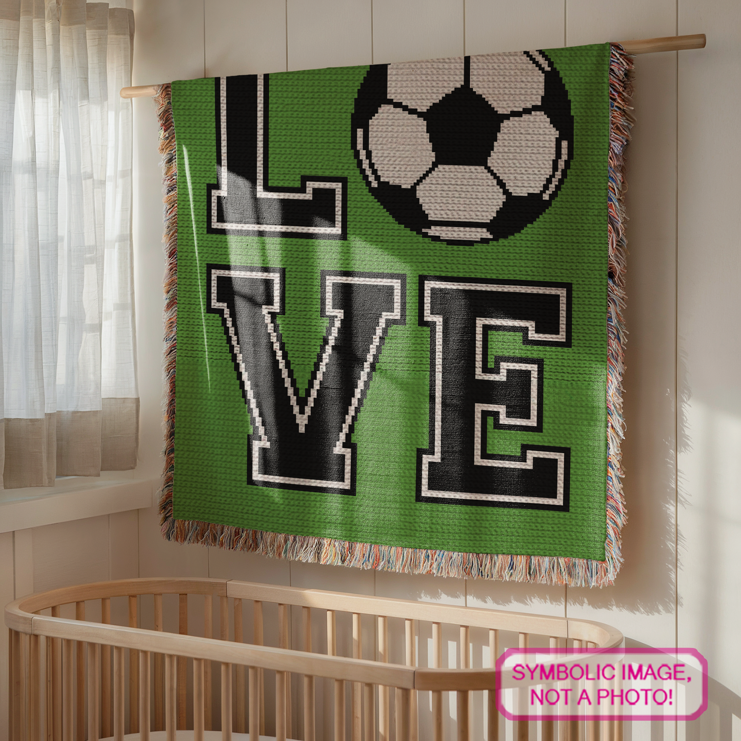Love Soccer graphgan crochet pattern with written instructions for a rectangular football-themed blanket.