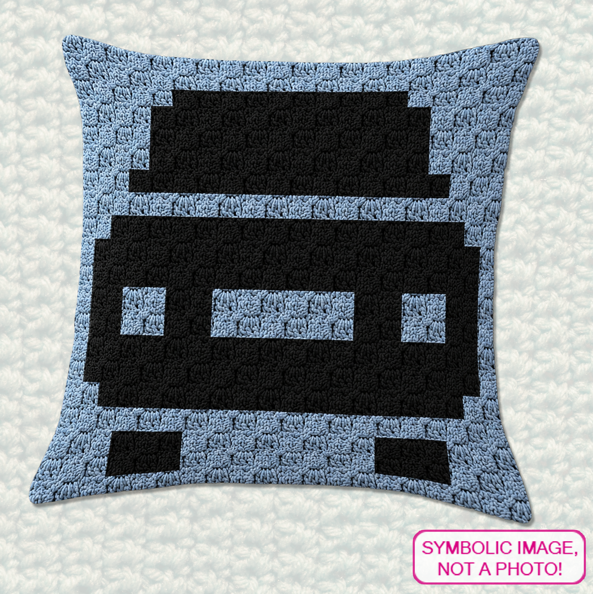 C2C crochet pillow pattern with written instructions featuring a cute car graph design for a quick handmade gift.