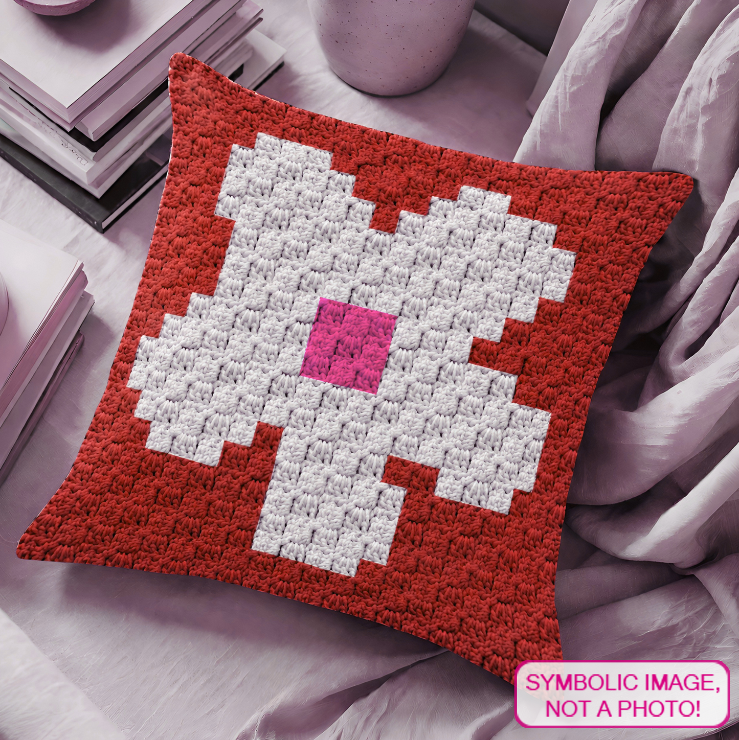 Crochet daisy C2C pillow pattern with written row-by-row instructions and color chart.