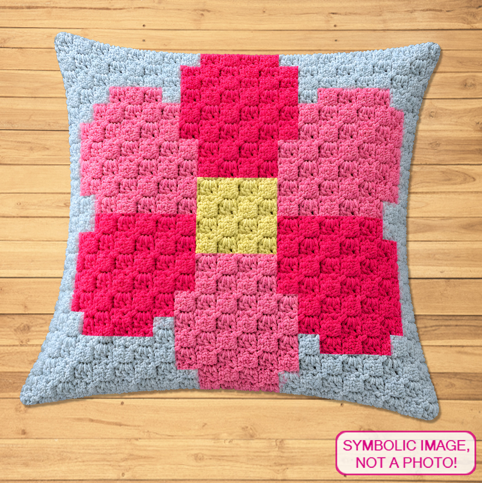 C2C crochet pillow pattern with written instructions featuring a pink flower graph design for a quick handmade gift.
