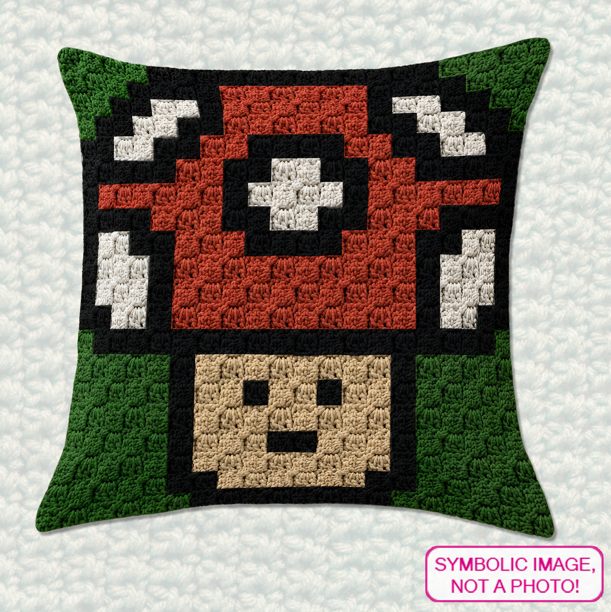 C2C crochet red mushroom pillow pattern for cottagecore decor, woodland nurseries, and handmade gifts.
Beginner-friendly C2C crochet pillow pattern featuring a spotted mushroom design in 20 x 20 blocks.