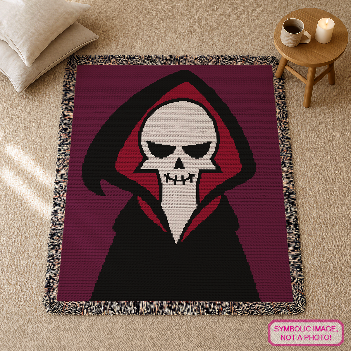 Free Grim Reaper SC crochet blanket pattern featuring a hooded skeleton on a purple background with written instructions.
Halloween tapestry crochet graphghan pattern with Grim Reaper skull design, 200 x 200 chart, and row-by-row instructions.