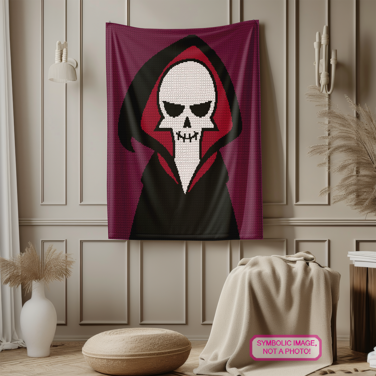 Free spooky crochet blanket pattern using purple, black, red, and white yarn for Halloween decor.
Grim Reaper crochet graph pattern for gothic blankets, spooky wall hangings, horror decor, and Halloween gifts.