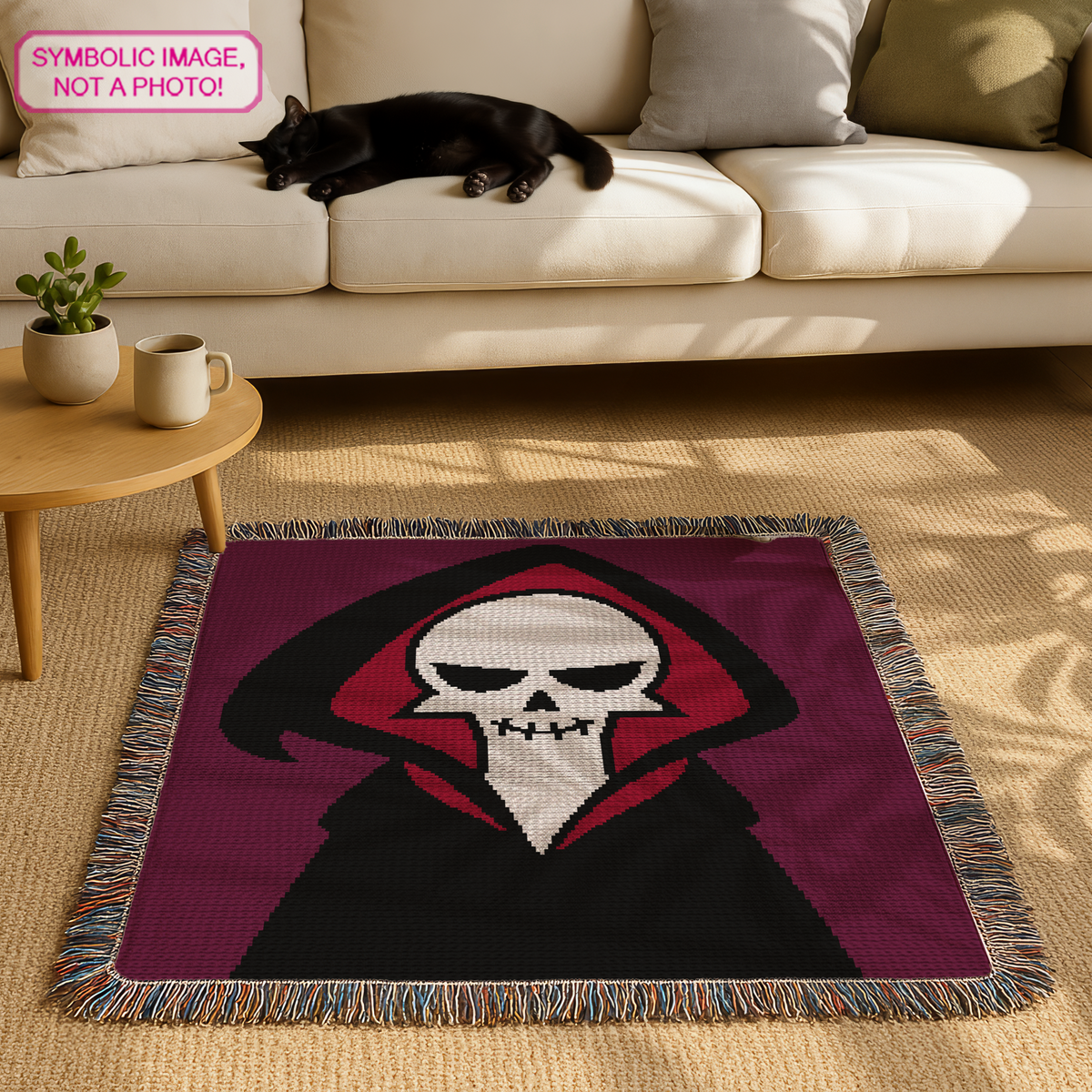 Halloween tapestry crochet graphghan pattern with Grim Reaper skull design, 200 x 200 chart, and row-by-row instructions.
Free spooky crochet blanket pattern using purple, black, red, and white yarn for Halloween decor.