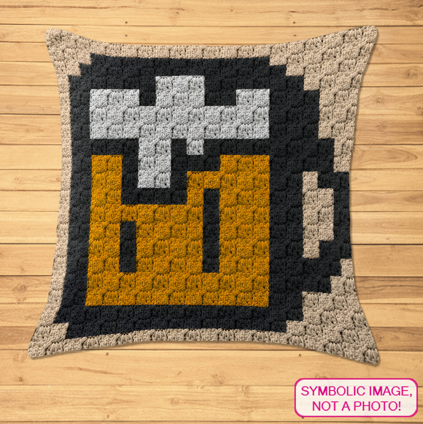 Crochet beer C2C pillow pattern with written row-by-row instructions and color chart.