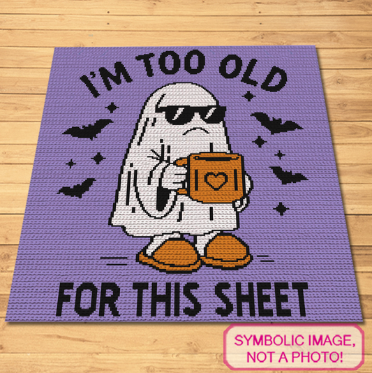Funny Ghost Halloween SC crochet blanket pattern with a cool ghost holding a mug on a violet background.