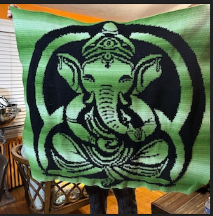 Tapestry crochet blanket pattern with Lord Ganesha design for meditation and yoga decor.
Sacred Ganesha crochet graph pattern in two colors for a meaningful handmade blanket.