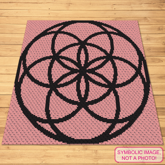 Seed of Life C2C crochet blanket pattern featuring a black sacred geometry symbol on a pink background.
Corner-to-corner Seed of Life graphghan pattern with a 150 x 150 color chart and written row-by-row instructions.