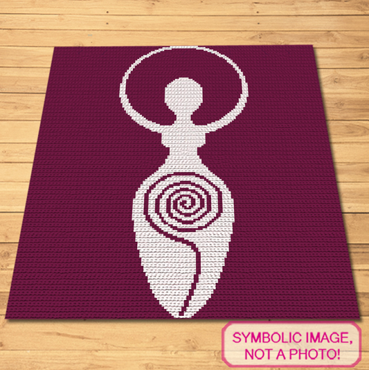 Goddess of Fertility tapestry crochet blanket pattern featuring a white divine feminine symbol on a purple background.
Single crochet goddess graphghan pattern with a 142 x 162 color chart and written row-by-row instructions.