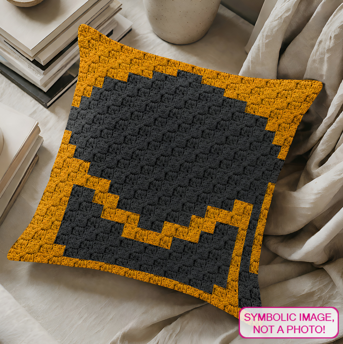 C2C crochet pillow pattern with written instructions featuring a black graduation hat graph design for a handmade graduation gift.