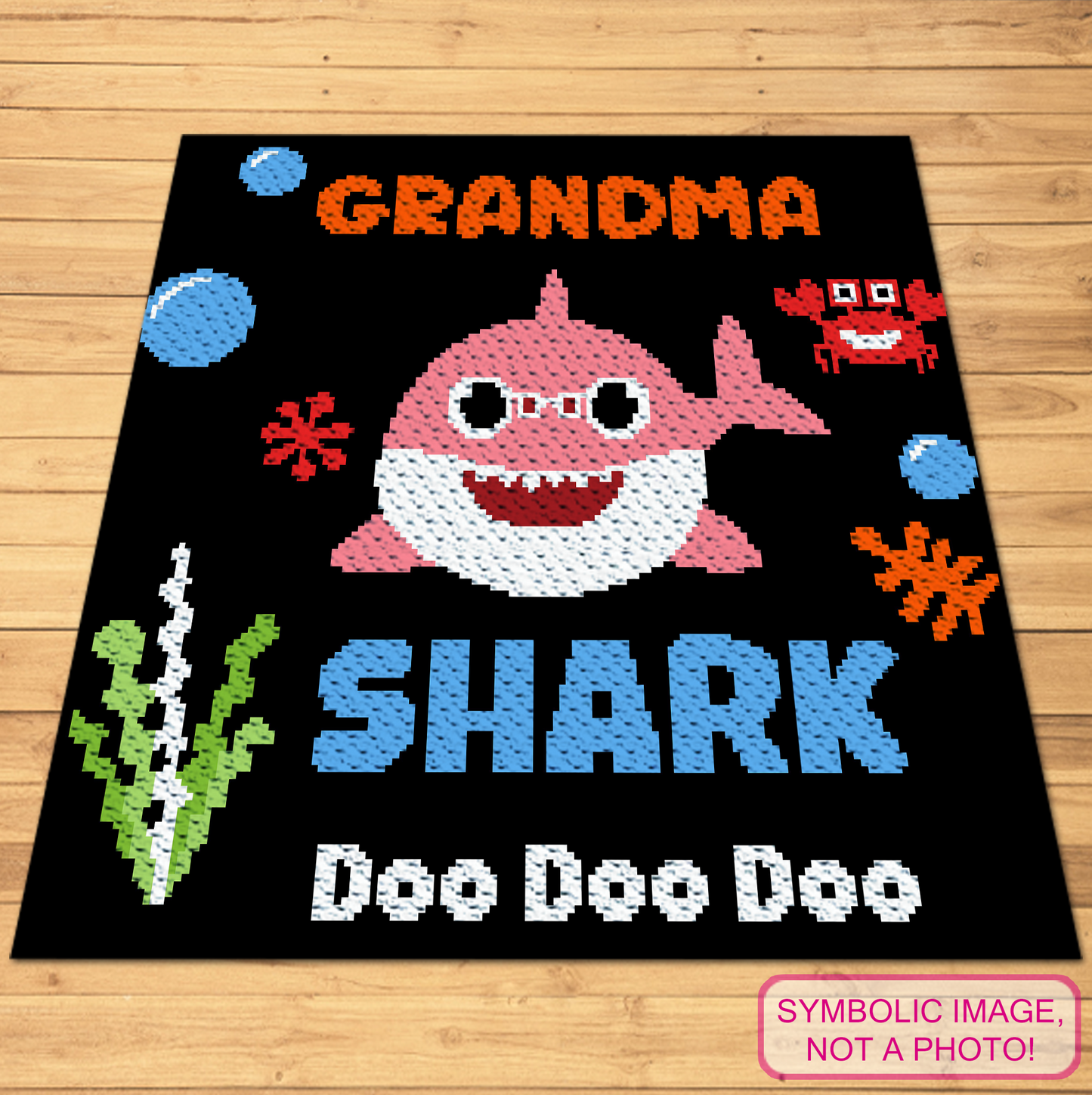 C2C shark crochet pattern bundle featuring Baby, siblings, parents, and grandparents.