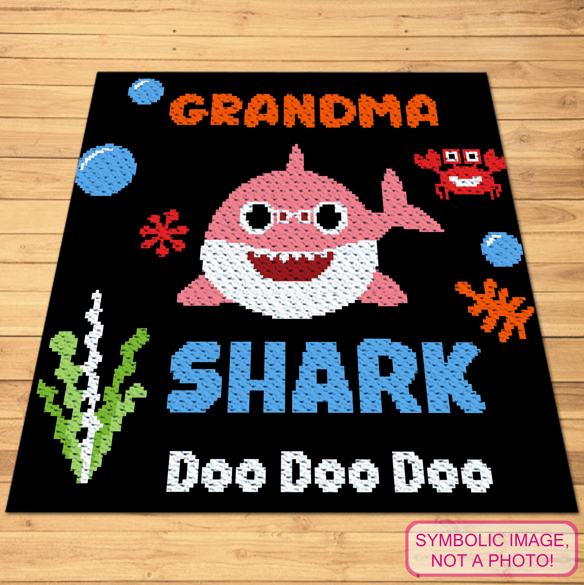 C2C shark crochet pattern bundle featuring Baby, siblings, parents, and grandparents.