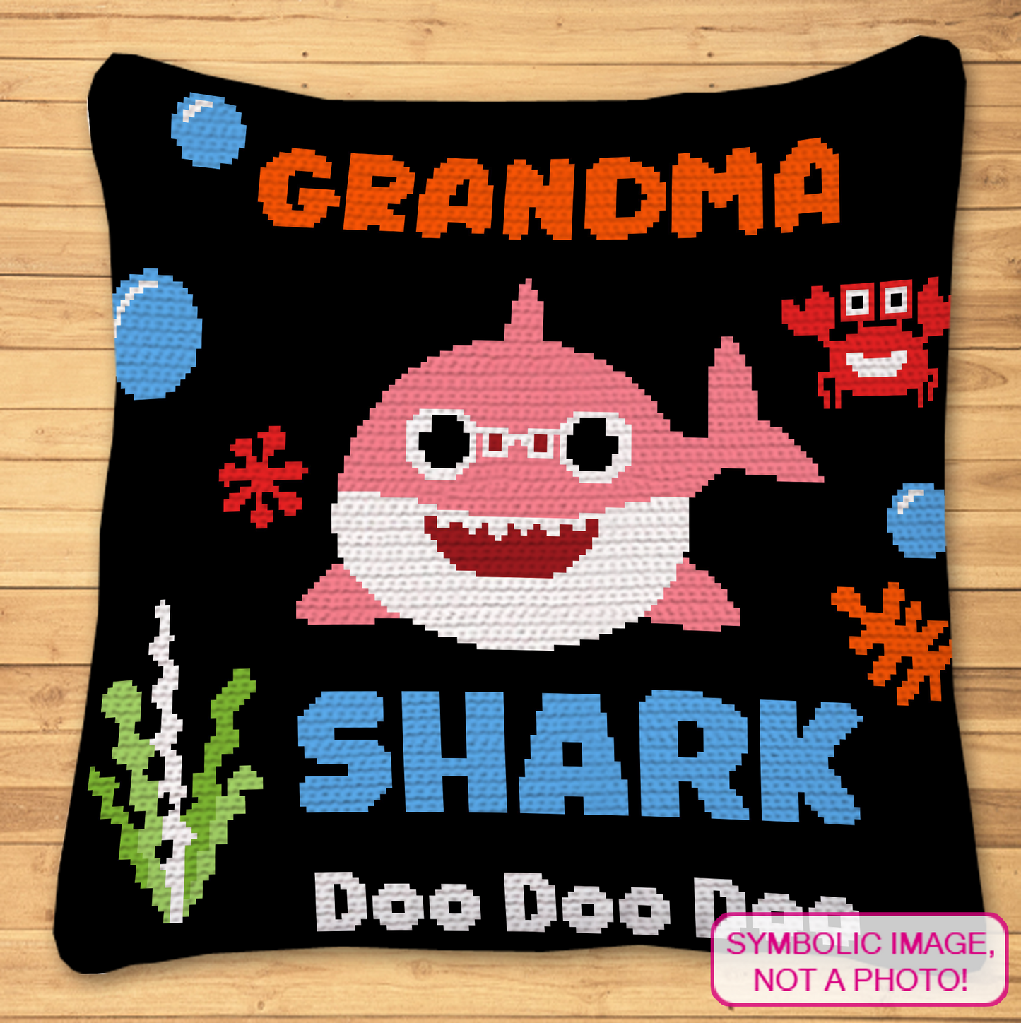Matching Shark Family tapestry crochet bundle with Baby, Mommy, Daddy, Grandma, Grandpa, Sister, and Brother Sharks.