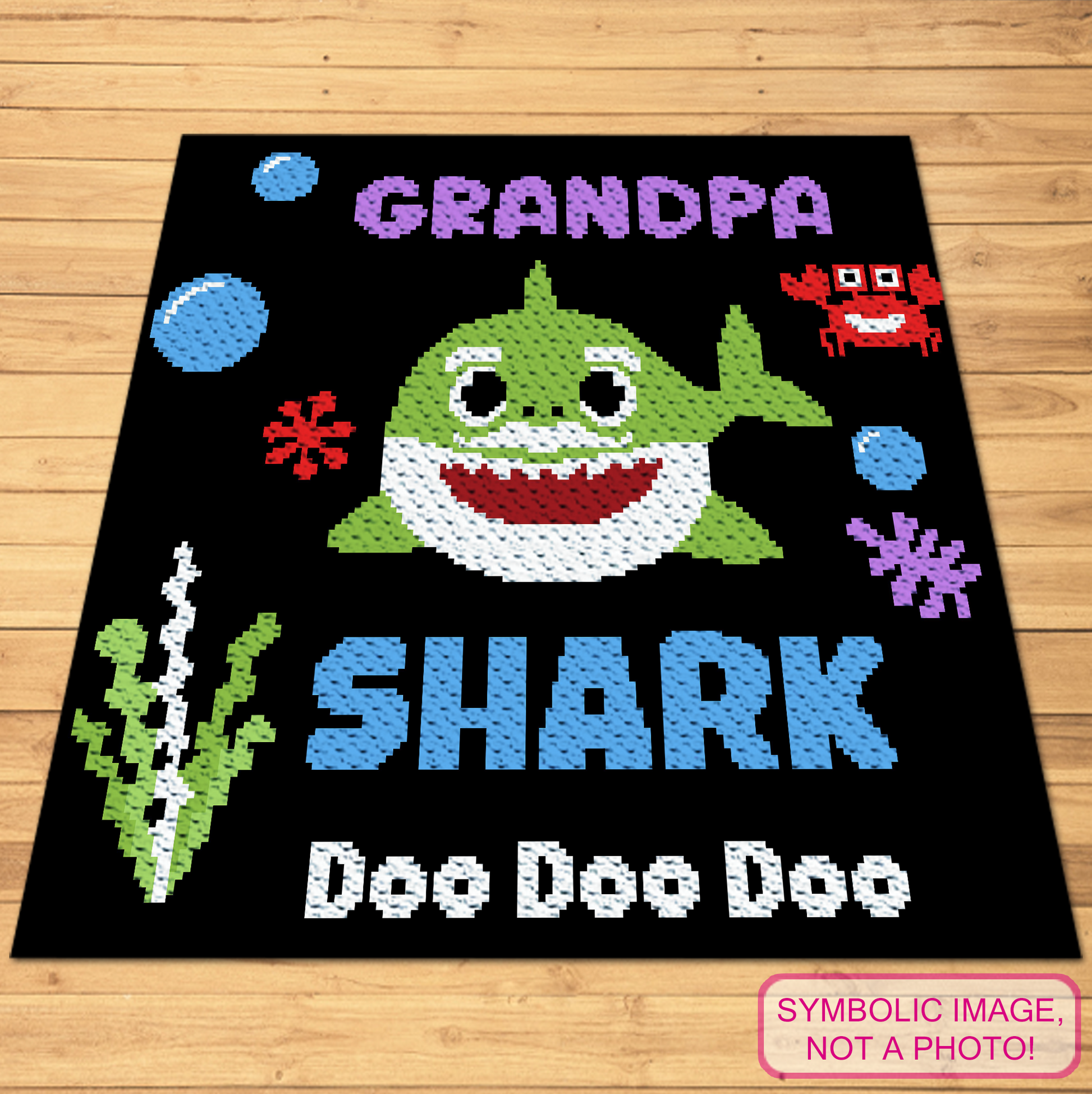 Shark Family graphgan bundle with seven 150 x 150 square corner-to-corner crochet patterns.