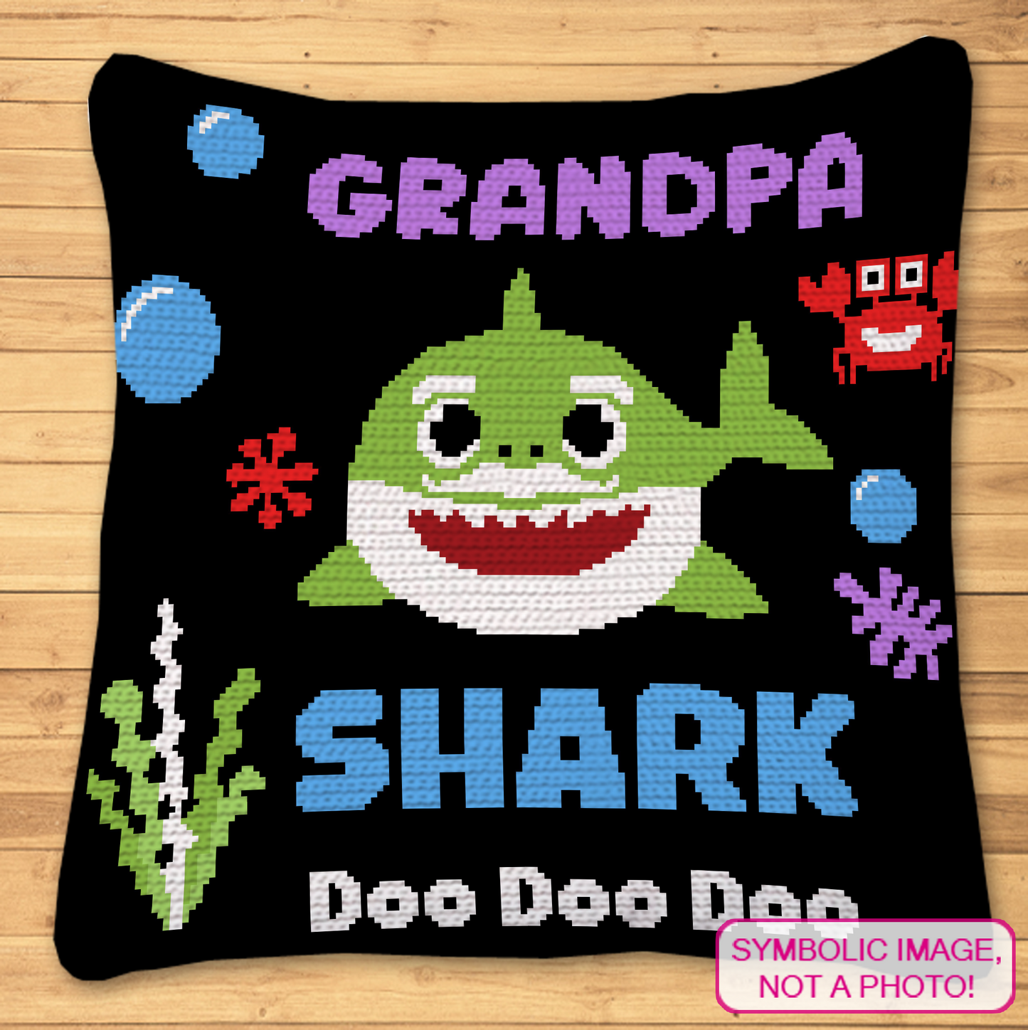 Ocean-themed SC crochet pattern bundle with seven digital shark blanket and pillow designs.