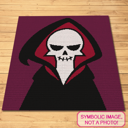 Free Grim Reaper SC crochet blanket pattern featuring a hooded skeleton on a purple background with written instructions.
Halloween tapestry crochet graphghan pattern with Grim Reaper skull design, 200 x 200 chart, and row-by-row instructions.