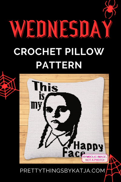 Add a dash of sarcasm to your decor with the Wednesday-themed 'This is My Happy Face' SC crochet pillow pattern. Perfect for fans of dark humor and gothic style, this bold pillow design is both fun and moody. 

Click to learn more!