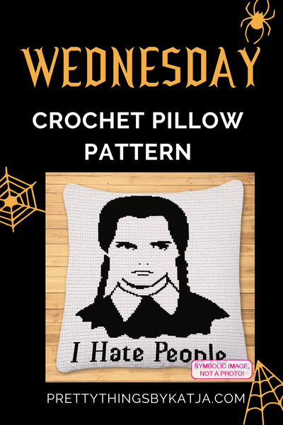 Express your moody side with this 'I Hate People' Wednesday-themed crochet pillow pattern. Perfect for fans of dark humor and gothic vibes, this design adds a fun and bold statement to any space.

Click to learn more!