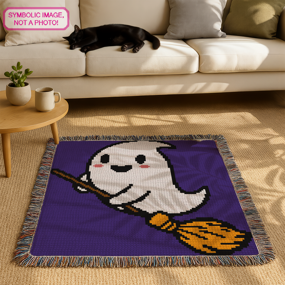 Ghost On A Broom C2C crochet blanket hanging in a styled room