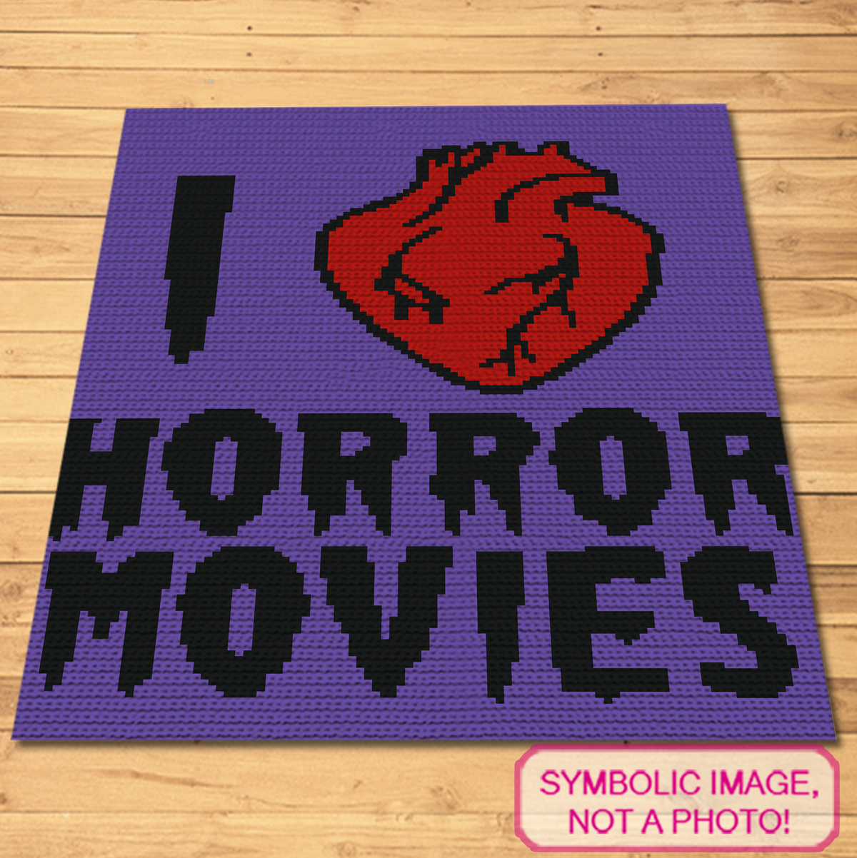 I Love Horror Movies crochet graphghan pattern with 100 x 140 stitch design.
Gothic crochet blanket and pillow pattern featuring a red heart and horror movie quote.