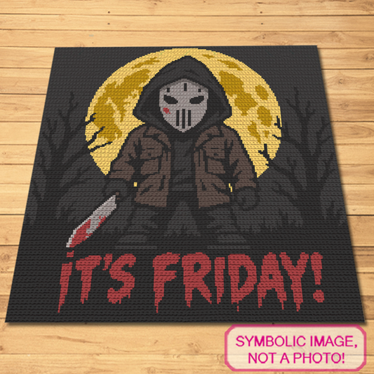 It’s Friday SC graphghan crochet pattern shown as a finished blanket mockup with creepy Halloween theme.
Horror crochet blanket PDF pattern with masked character, bloody knife detail and dramatic red lettering.