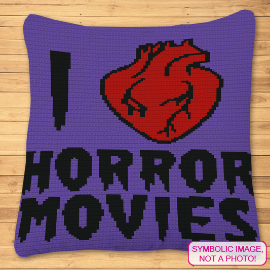 Horror Movie SC crochet blanket pattern featuring I Love Horror Movies text and a red anatomical heart.
Tapestry crochet horror pattern with bold black lettering, red heart, and blue background.