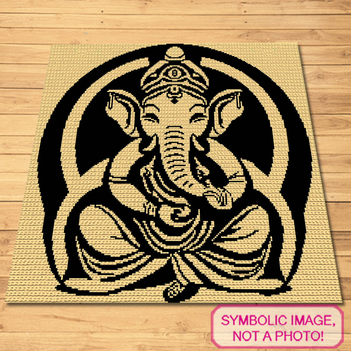 Lord Ganesha crochet blanket pattern in peach and black tapestry crochet design.
Spiritual crochet graphghan pattern featuring Lord Ganesha with written instructions.