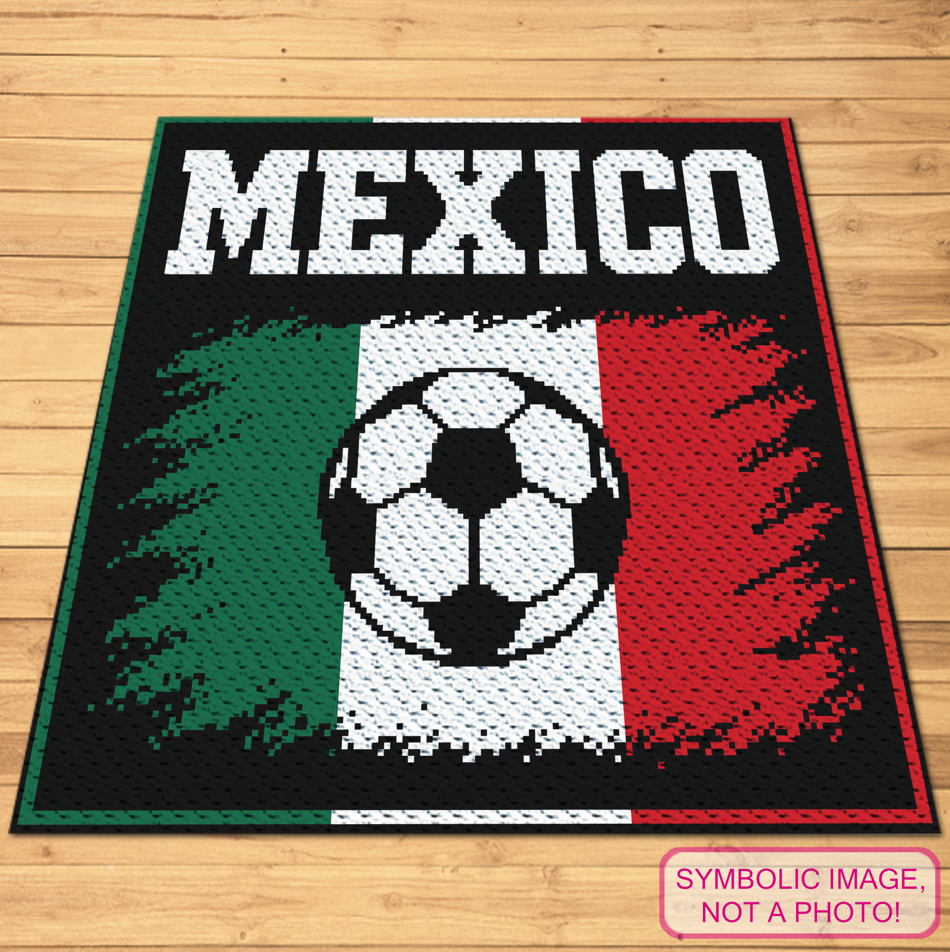 Mexico Soccer C2C crochet blanket pattern featuring MEXICO lettering, a soccer ball, and green, white, and red flag colors.