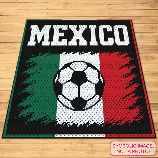 Mexico Soccer C2C crochet blanket pattern featuring MEXICO lettering, a soccer ball, and green, white, and red flag colors.