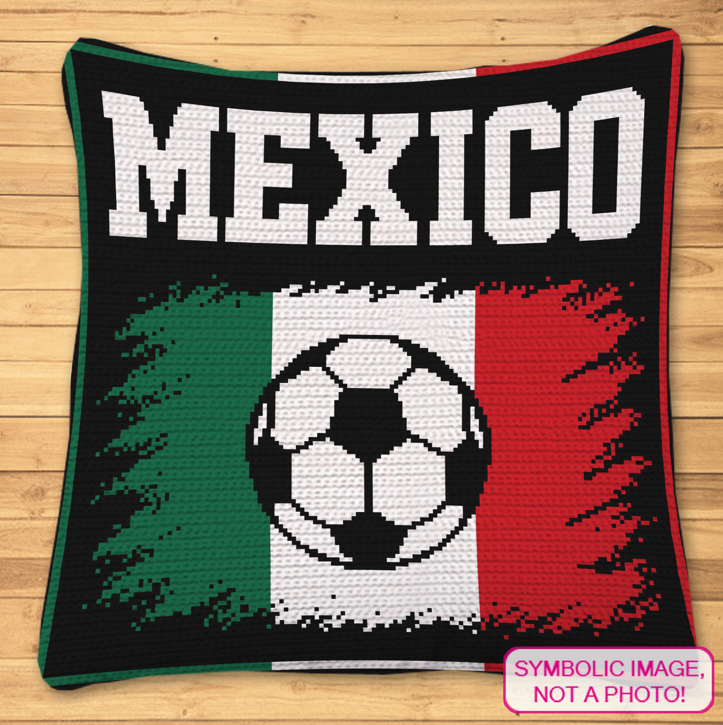 Mexico soccer tapestry crochet blanket and pillow pattern featuring MEXICO lettering, a soccer ball, and green, white, and red flag colors.