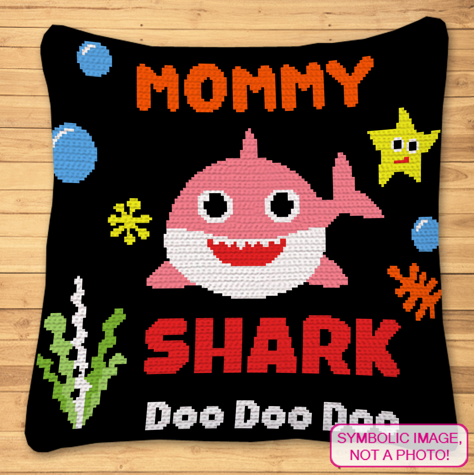 Bundle of seven 150 x 150 stitch Shark Family single crochet blanket and pillow patterns with written instructions featuring Baby, Sister, Brother, Mommy, Daddy, Grandma, and Grandpa Sharks.