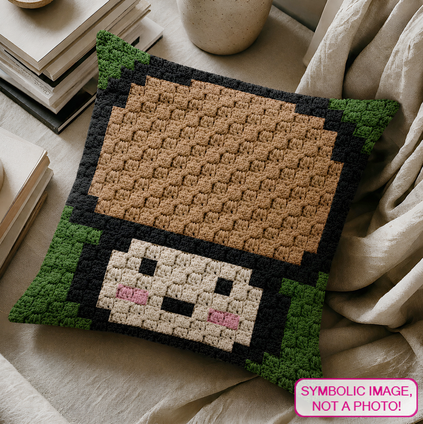 C2C crochet pillow pattern with written instructions featuring a cute smiling mushroom graph design for cottagecore and woodland home decor.