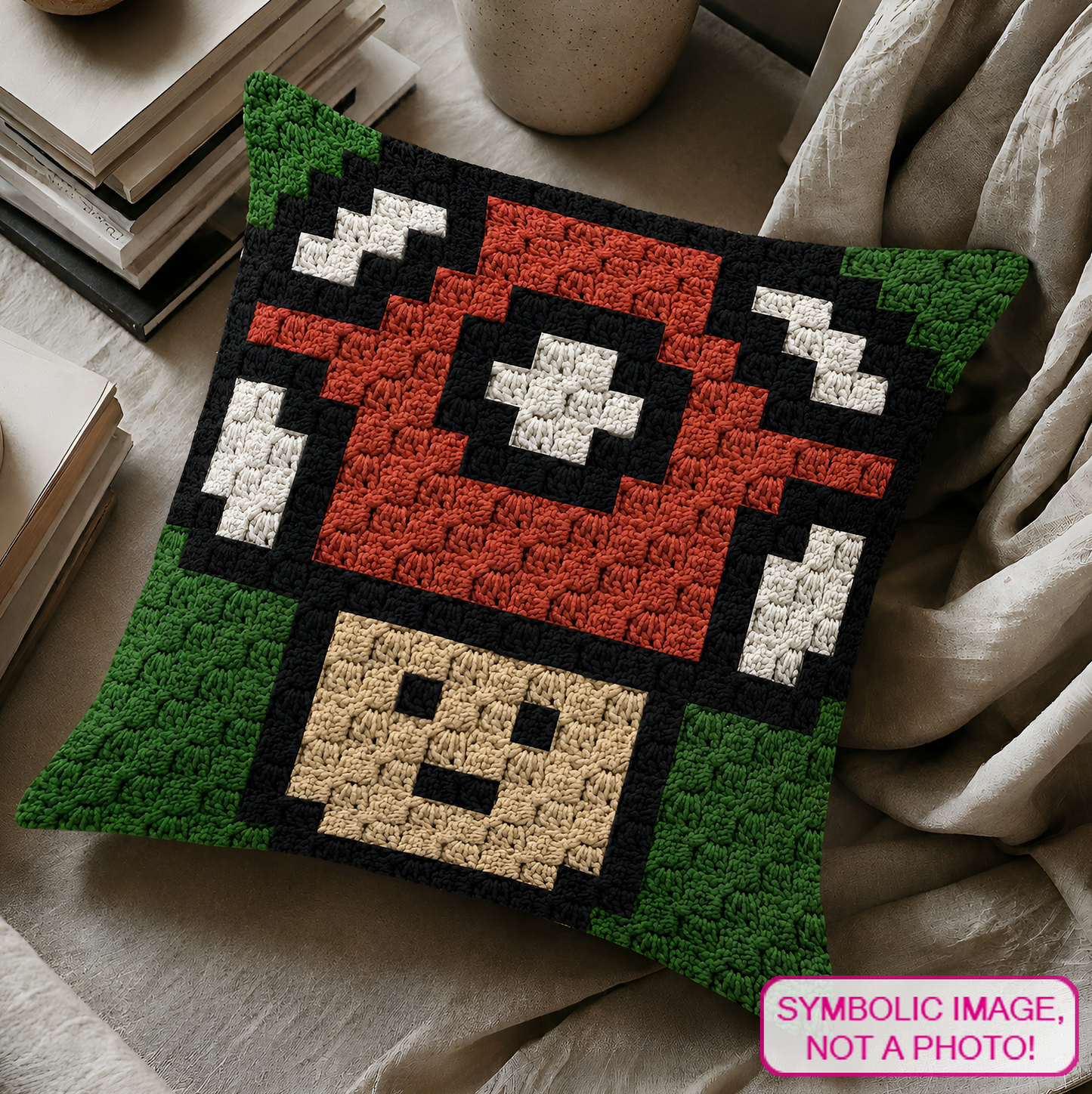C2C crochet pillow pattern with written instructions featuring a red and white spotted toadstool mushroom graph design for cottagecore decor.
