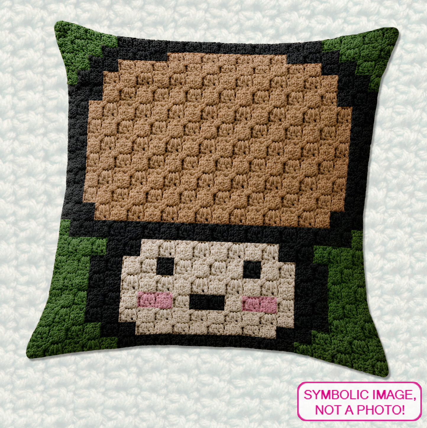 C2C crochet pillow pattern with written instructions featuring a cute smiling mushroom graph design for cottagecore and woodland home decor.