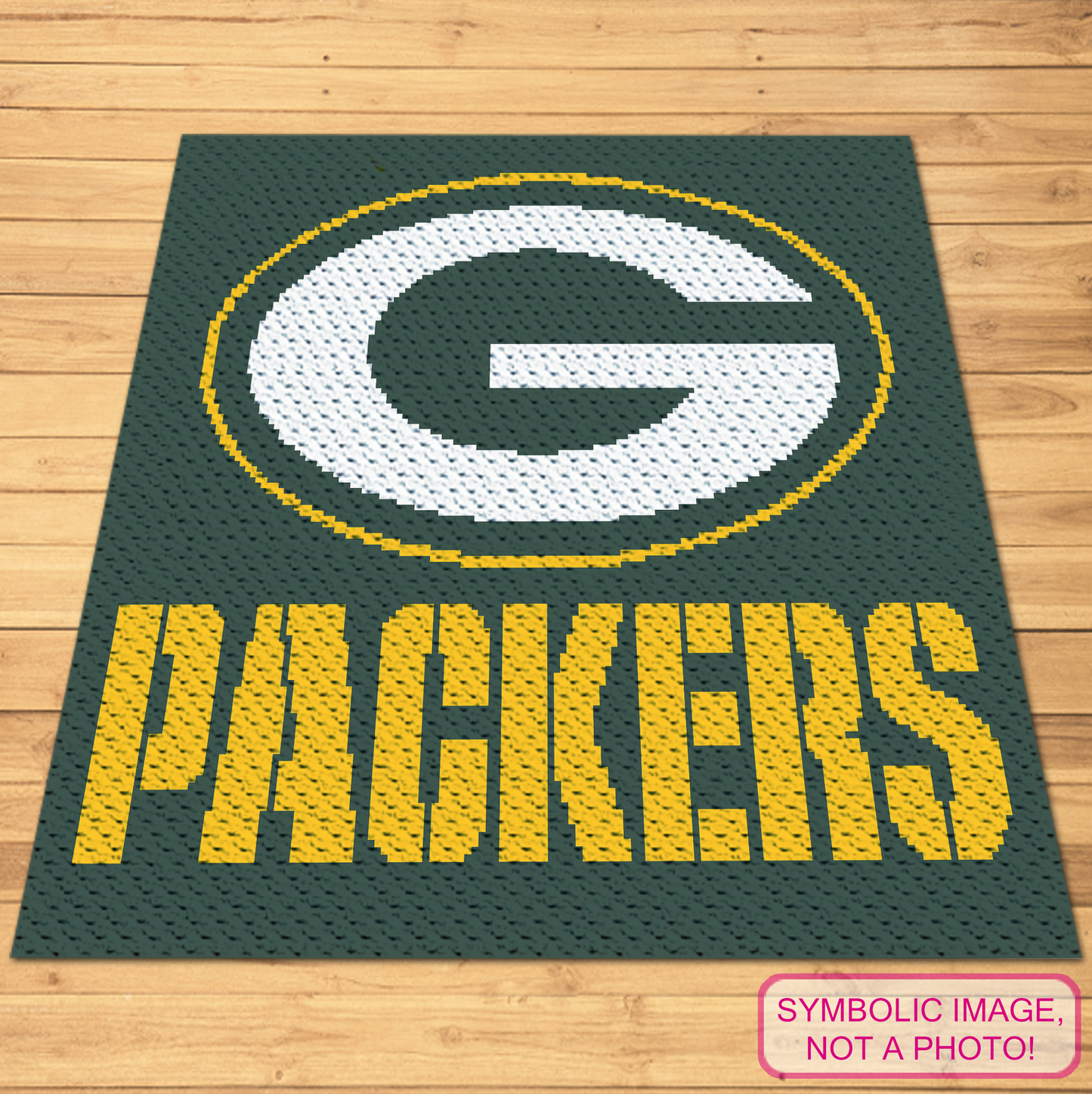 Packers football C2C crochet blanket pattern featuring green, white, and yellow sports lettering.
Corner-to-corner football graphgan pattern with a 150 x 150 color chart and written row-by-row instructions.