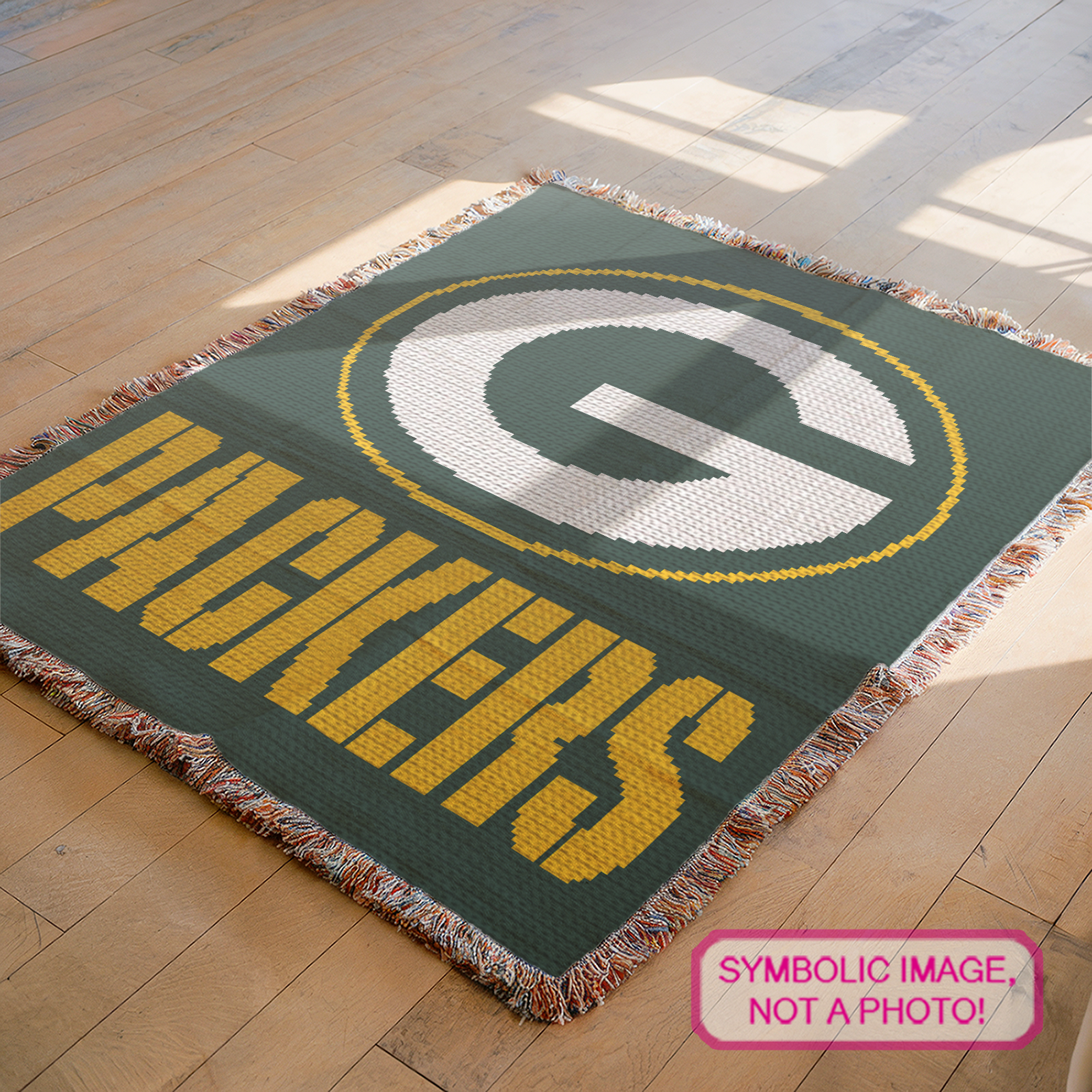Packers football C2C crochet blanket pattern featuring green, white, and yellow sports lettering.
Corner-to-corner football graphgan pattern with a 150 x 150 color chart and written row-by-row instructions.